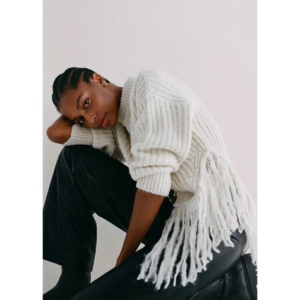 Mango Fringe Knit Sweater Ecru New